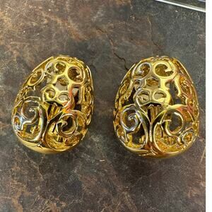YSL Vintage Baroque Arabesque Gold Egg Clip On Earrings Laurent Authentic CoA